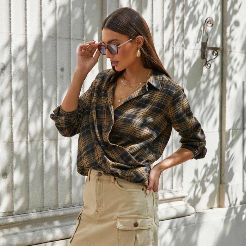 Weekend plans plaid long sleeve wrap top